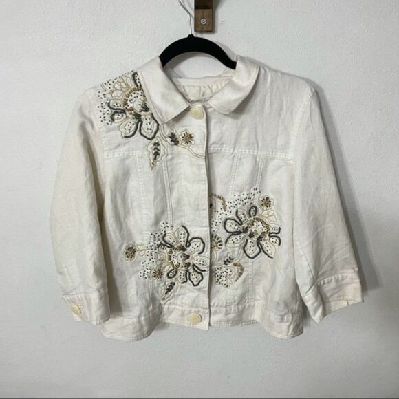 Coldwater creek jacket womens ivory embroidered floral jacket size 10 - Picture 10 of 11